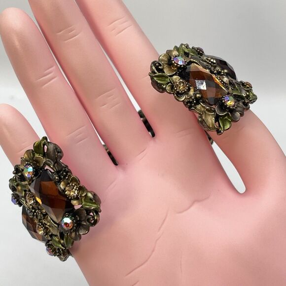 Vintage Gold Tone Metal AB Brown Acrylic Rhinestone Statement Stretch Bracelet - Picture 6 of 6